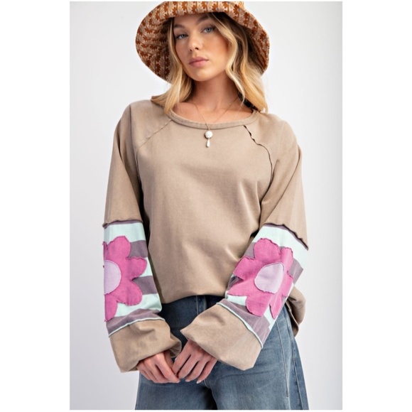 Boho Floral Patch Striped Reverse Stitch Oversized Sweatshirt Top Easel NWT - Picture 1 of 5